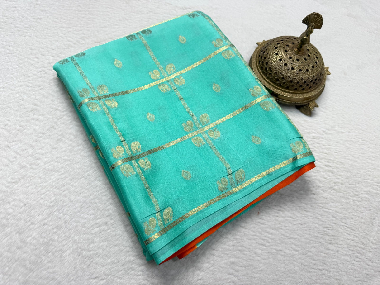 Aqua Green Silk Saree with Golden Floral Check Design