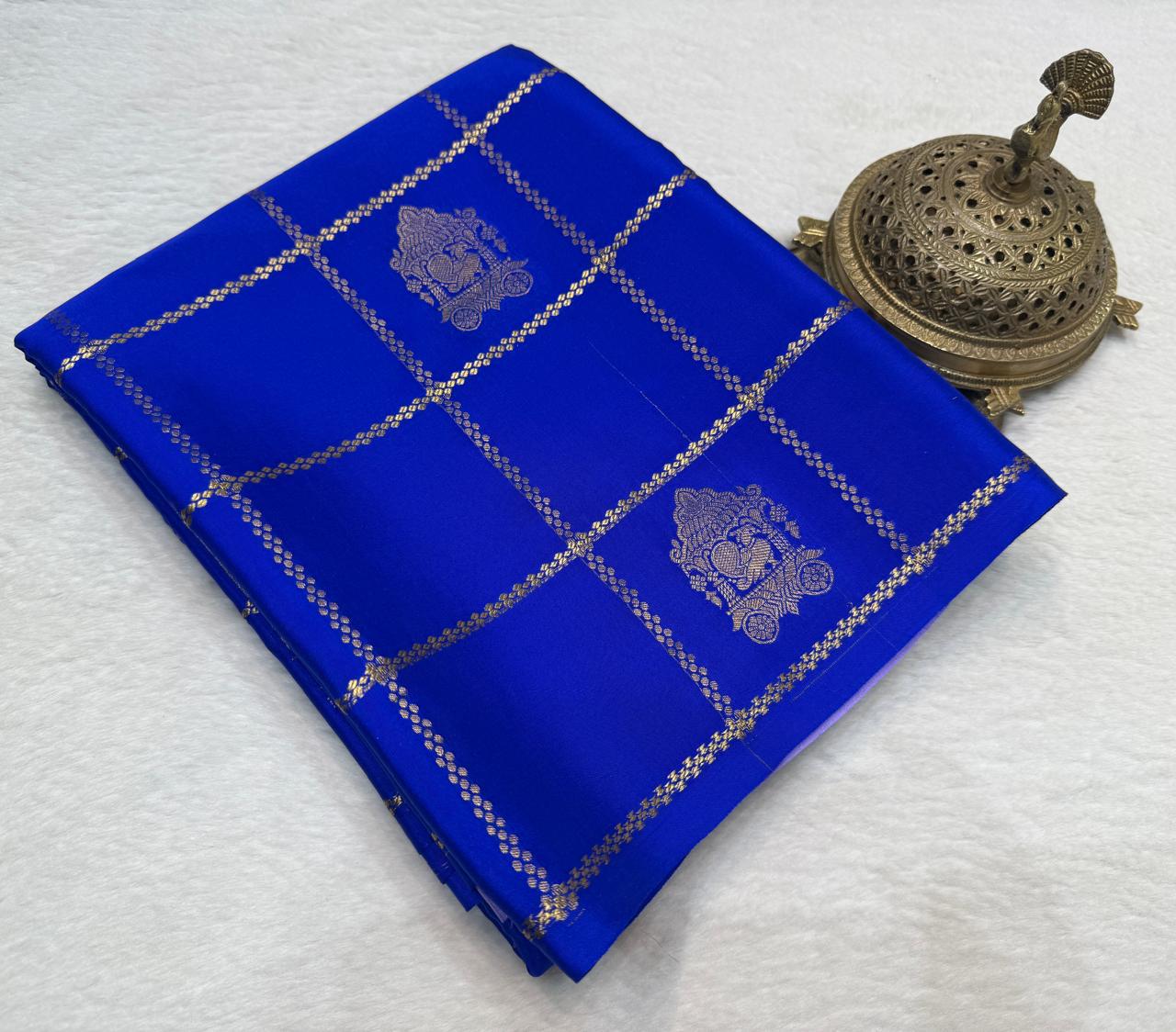 Royal Blue Kanjivaram Style Saree with Golden Check Pattern