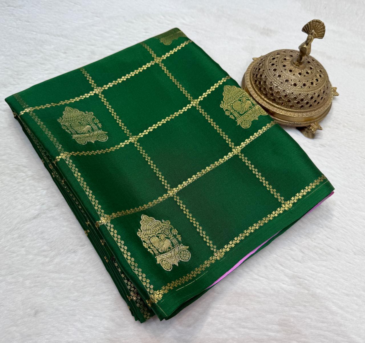 Green & Pink Silk Saree with Golden Zari Weaving