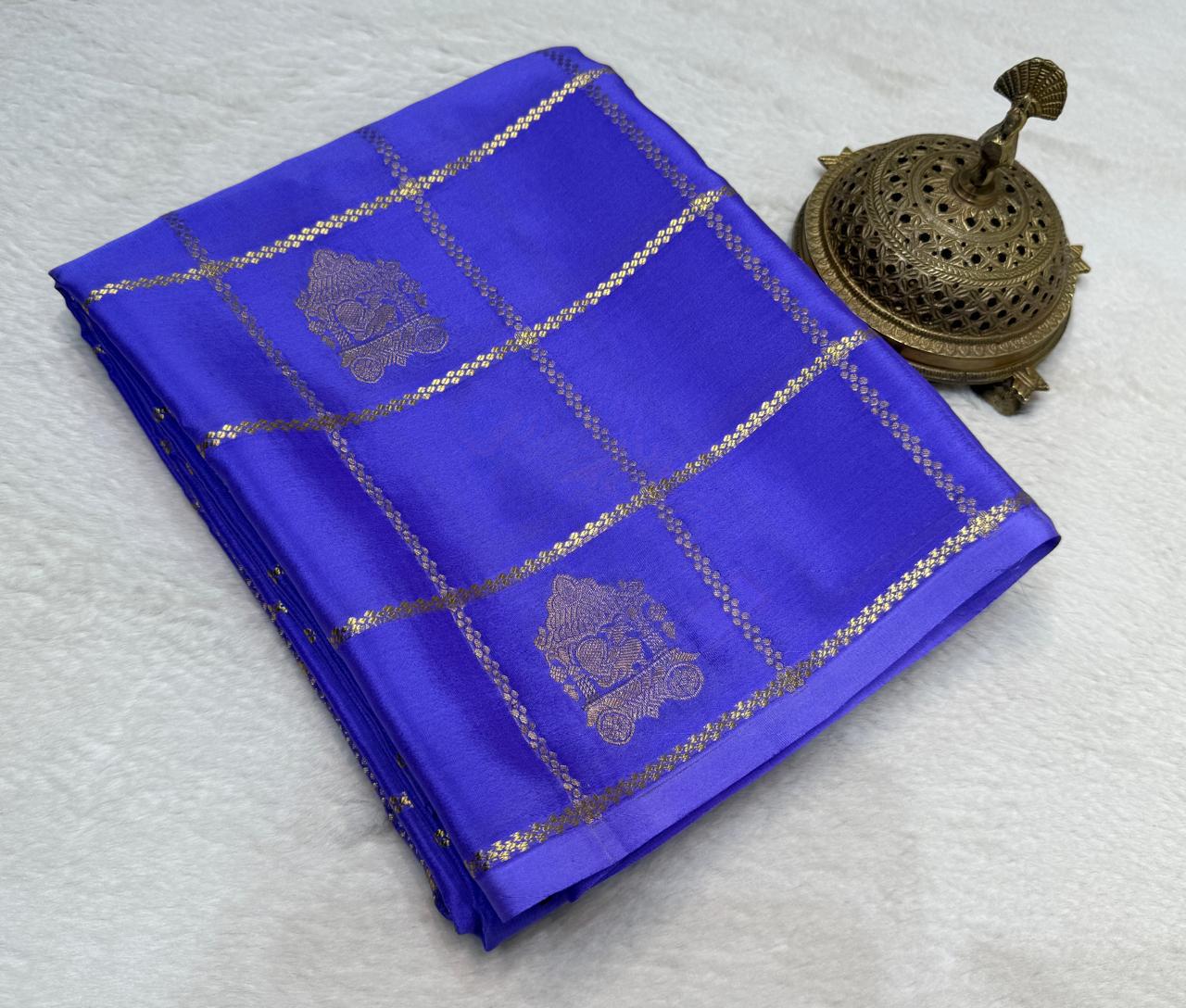 Designer Blue Saree with Gold Zari Checks and Traditional Motifs