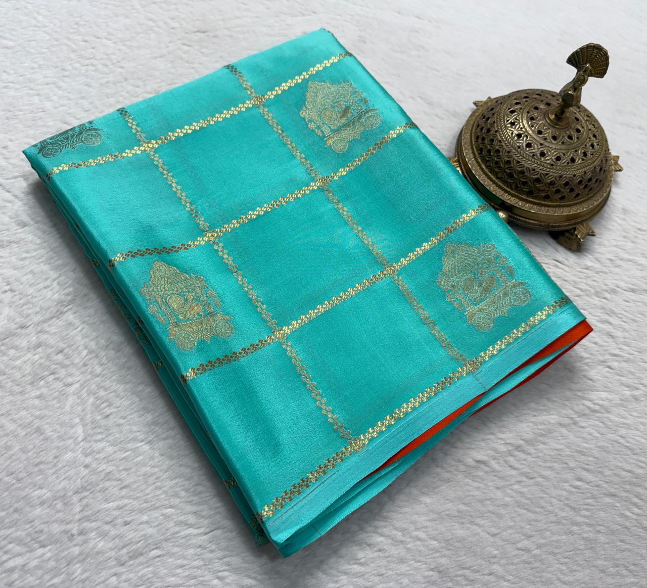 Sky Blue Premium Silk Blend Saree with Golden Zari Checks