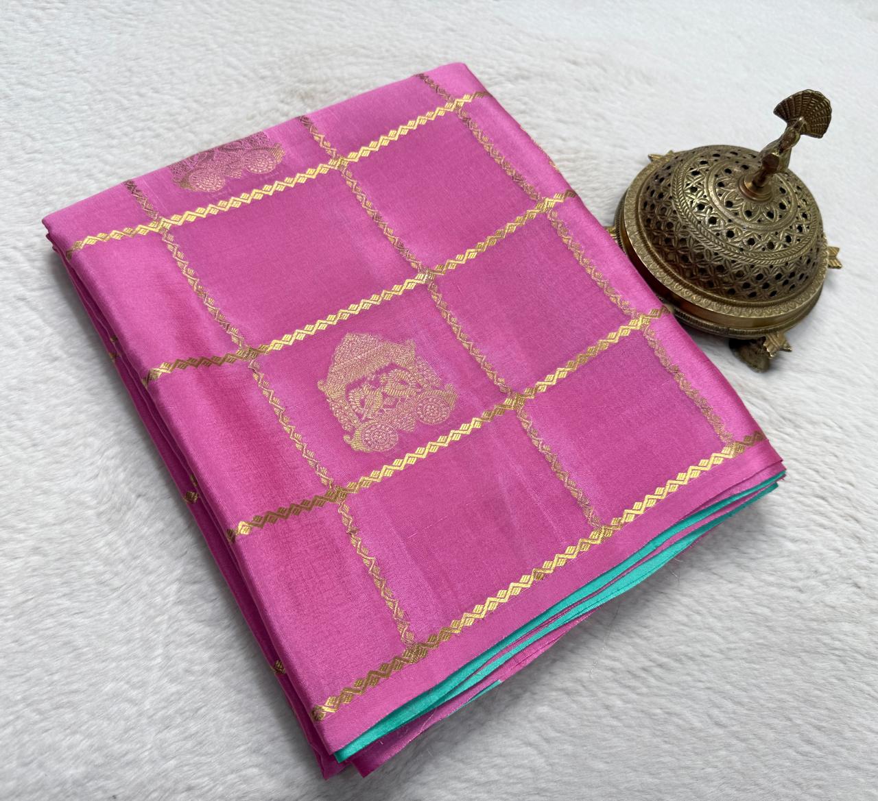 Pink and Aqua Green Silk Saree with Golden Zari Work
