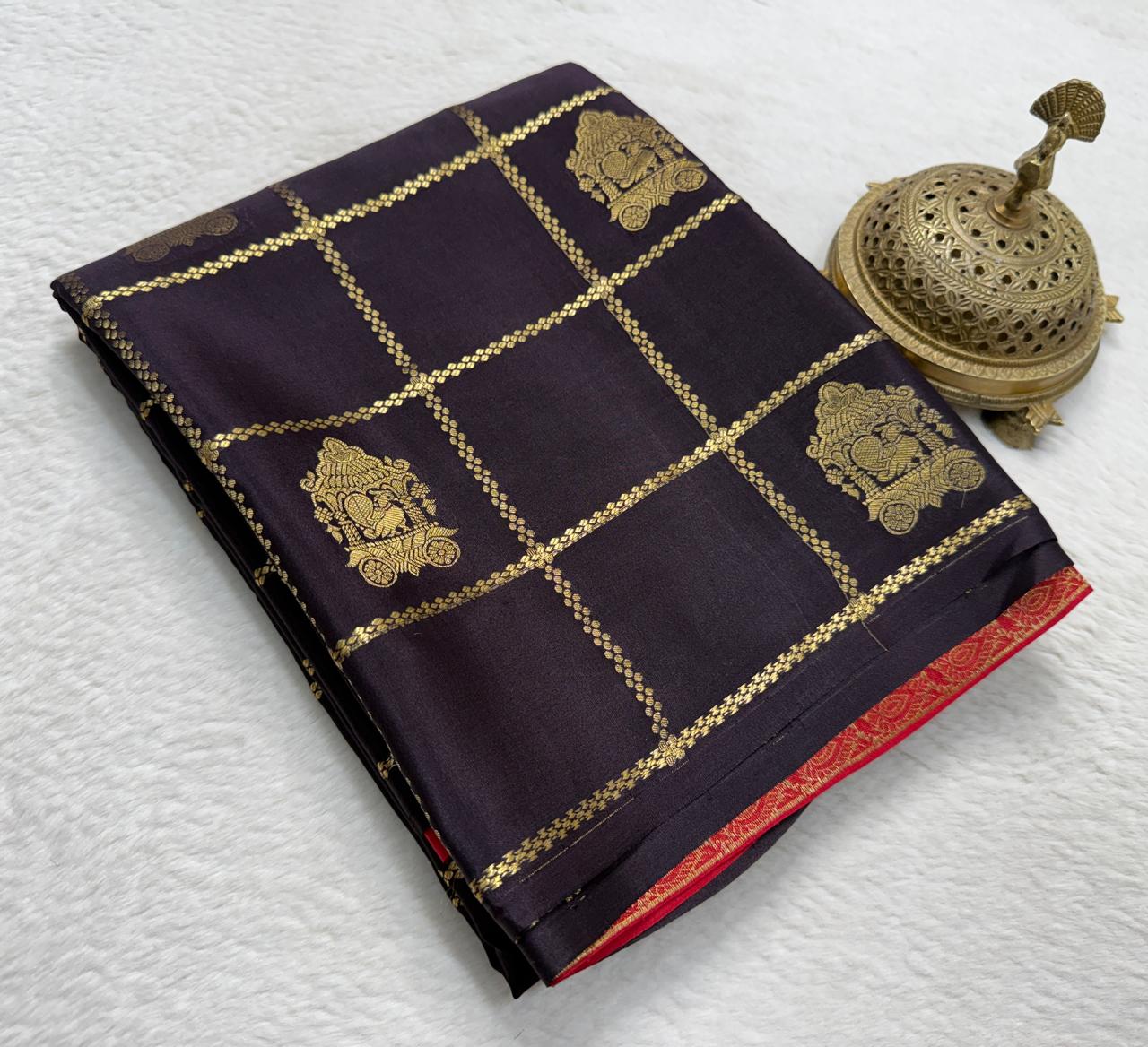 Classic Ethnic Brown Red Saree with Traditional Golden Weaving