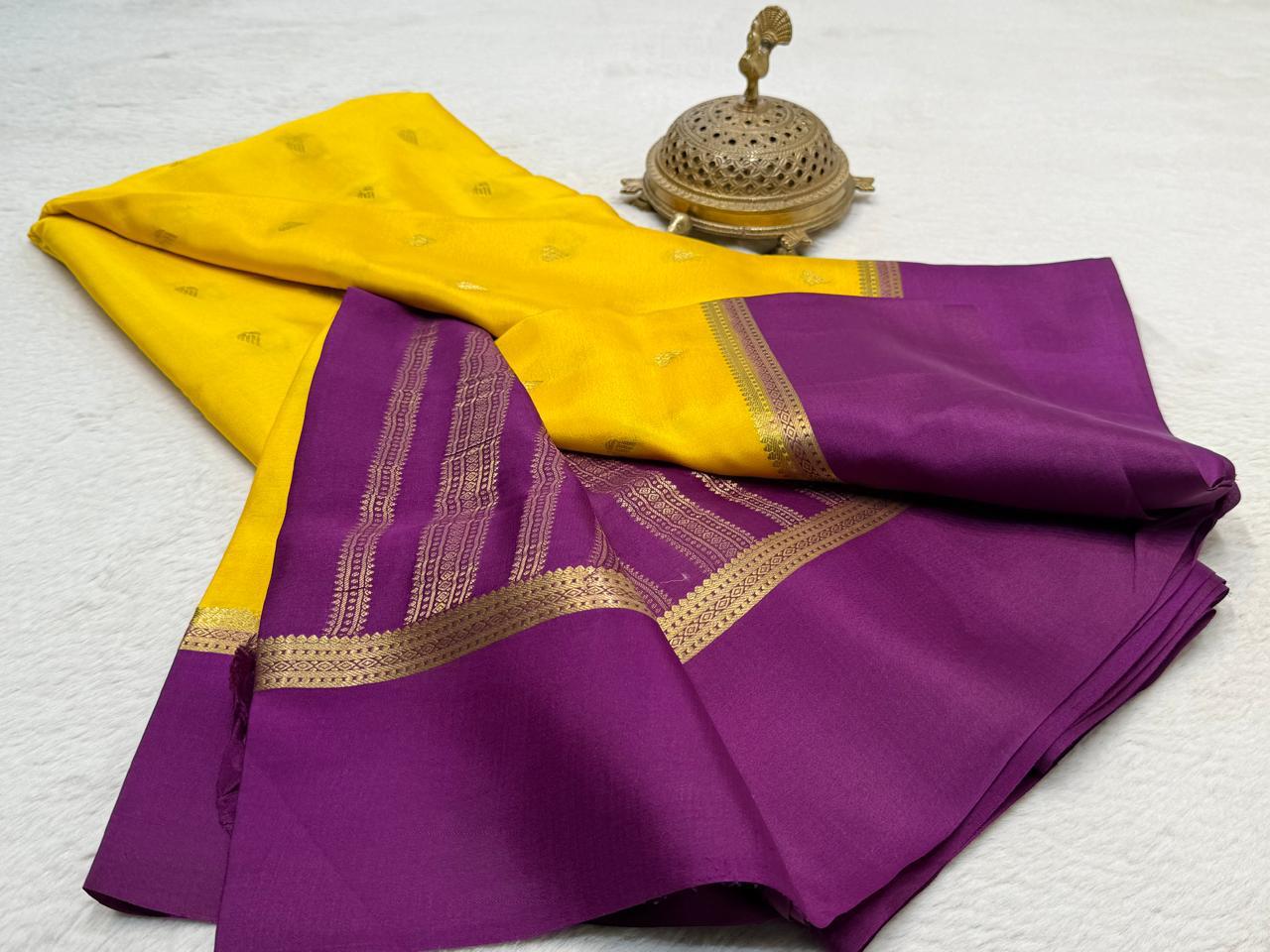 Yellow & Purple Mysore silk sarees maroon with Gold Zari Butti Work