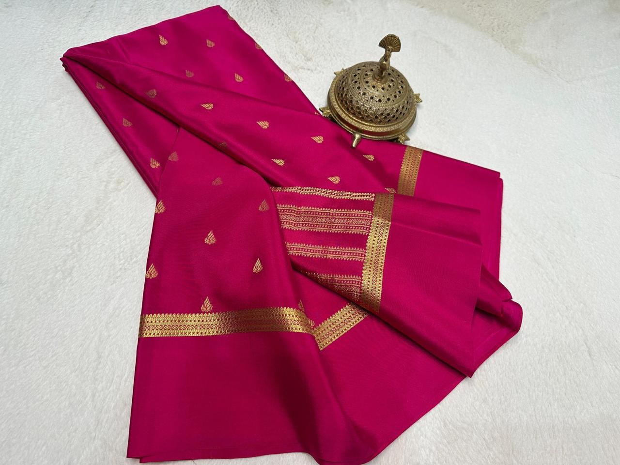 Elegant Rani Pink  Pure Mysore Soft Silk Saree with Gold Zari Butti Work
