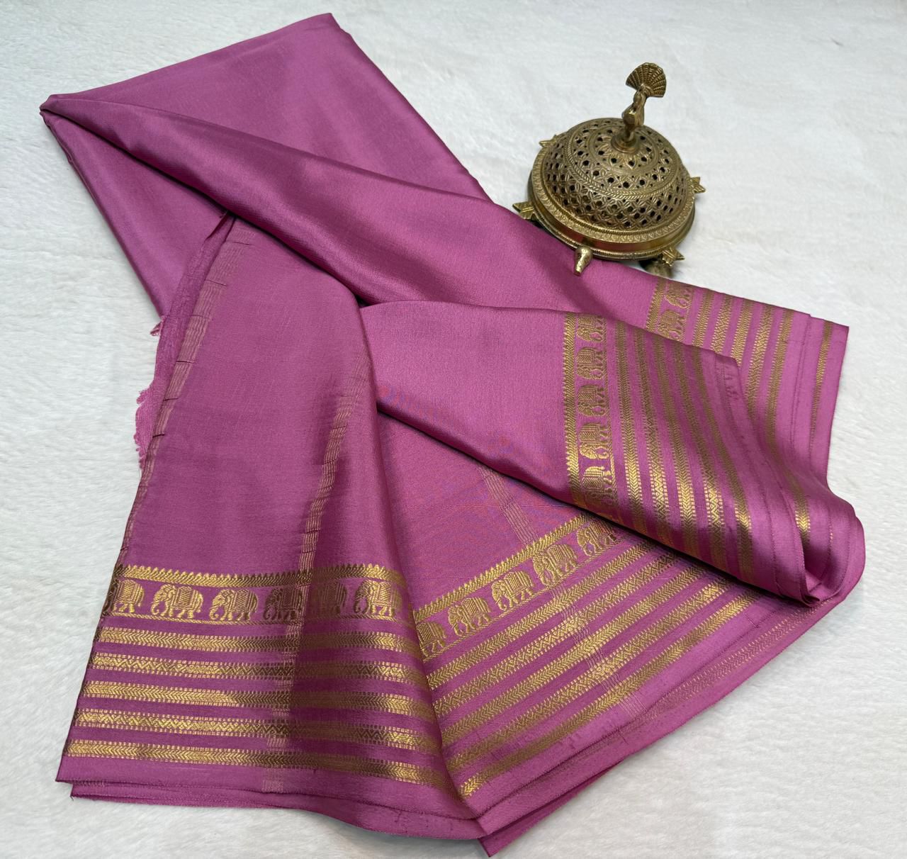Rose Pink semi Mysore silk sarees with Gold Zari Elephant Border