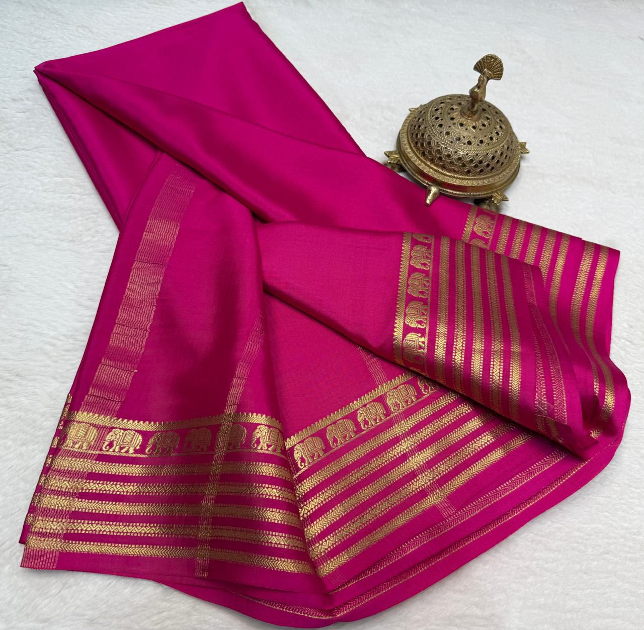 Royal Rani Pink Mysore Silk Saree with Gold Zari Elephant Border