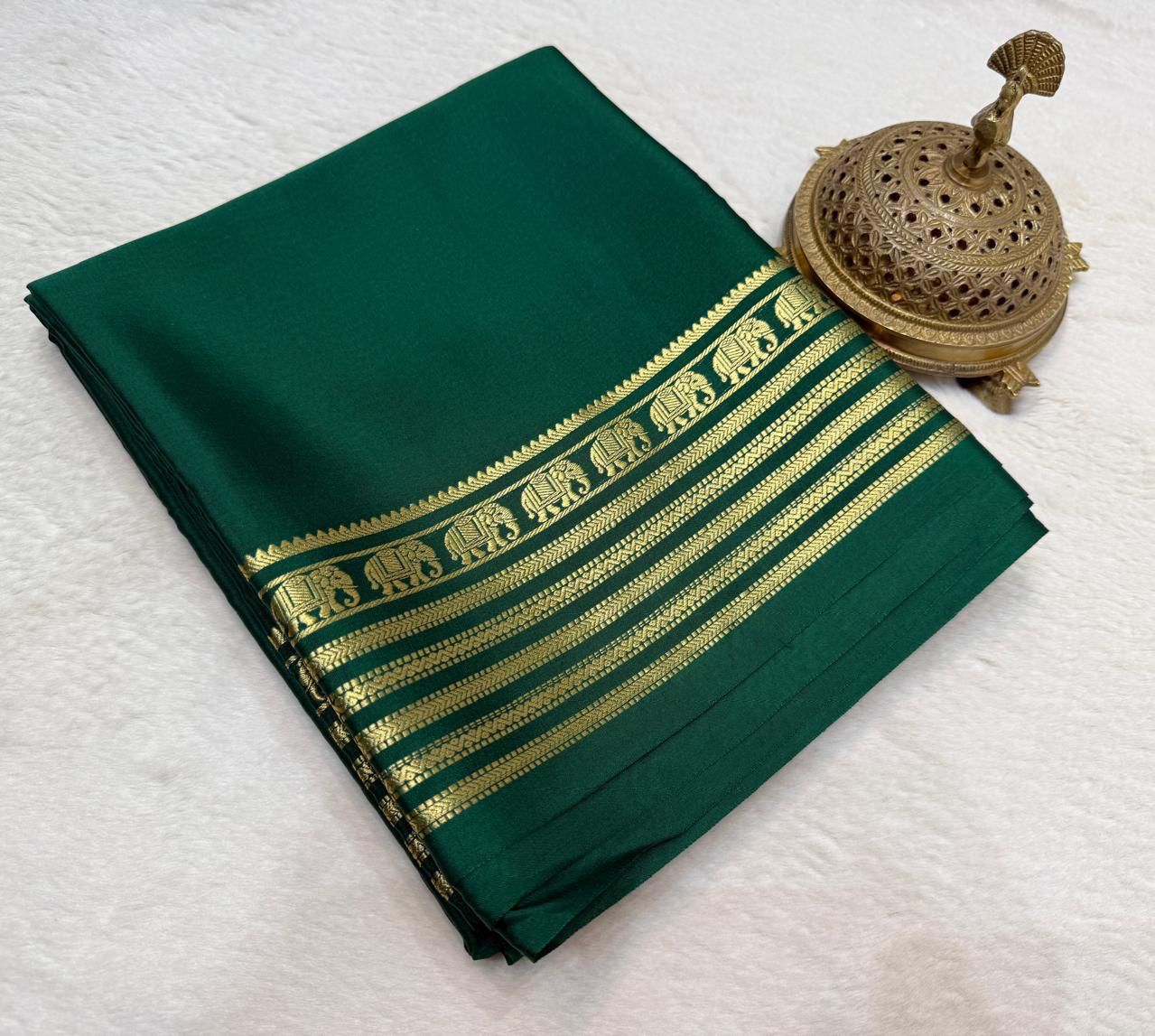 Royal Emerald Green Mysore silk saree with Traditional Gold Zari Elephant Border