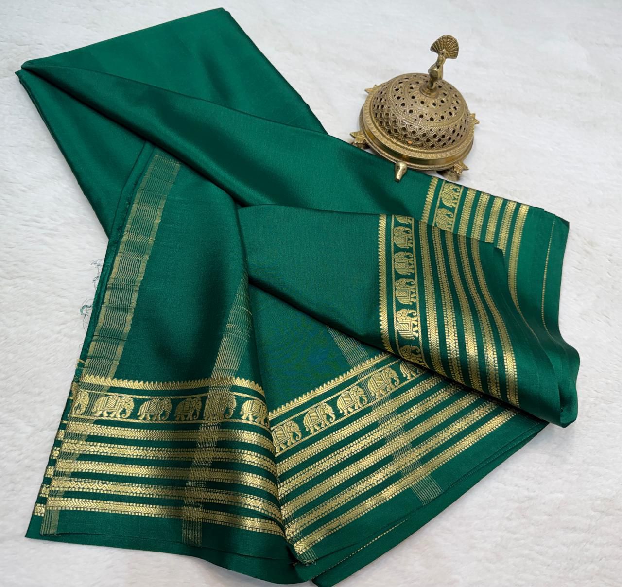 Royal Emerald Green Mysore silk saree with Traditional Gold Zari Elephant Border