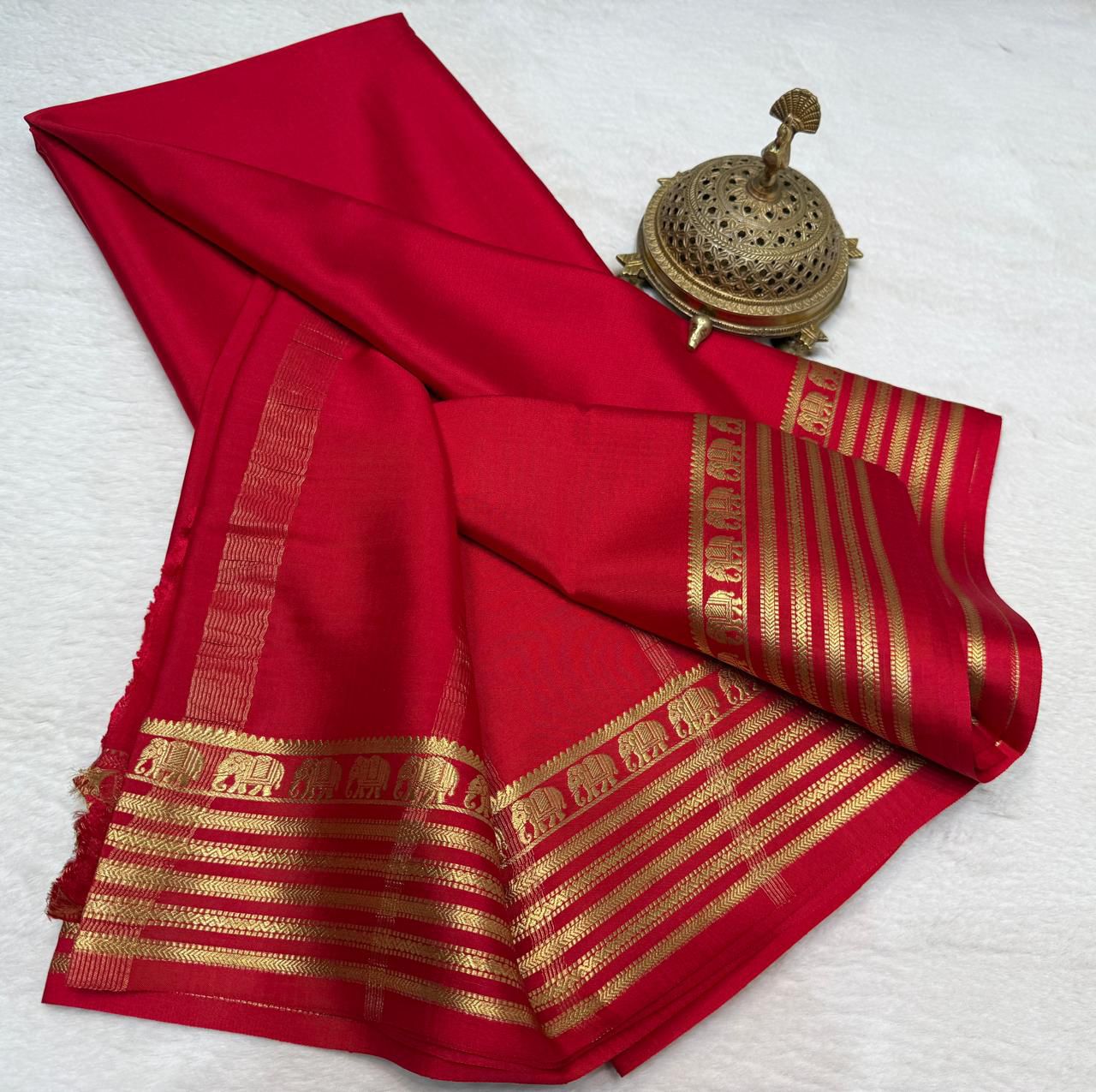 Red  Mysore silk sarees with Gold Zari Elephant Border