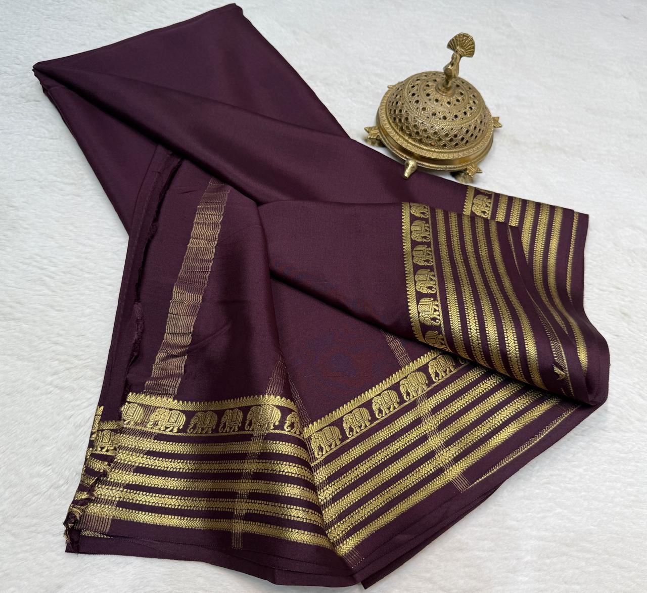 Deep Wine Mysore silk sarees with Gold Zari Elephant Border