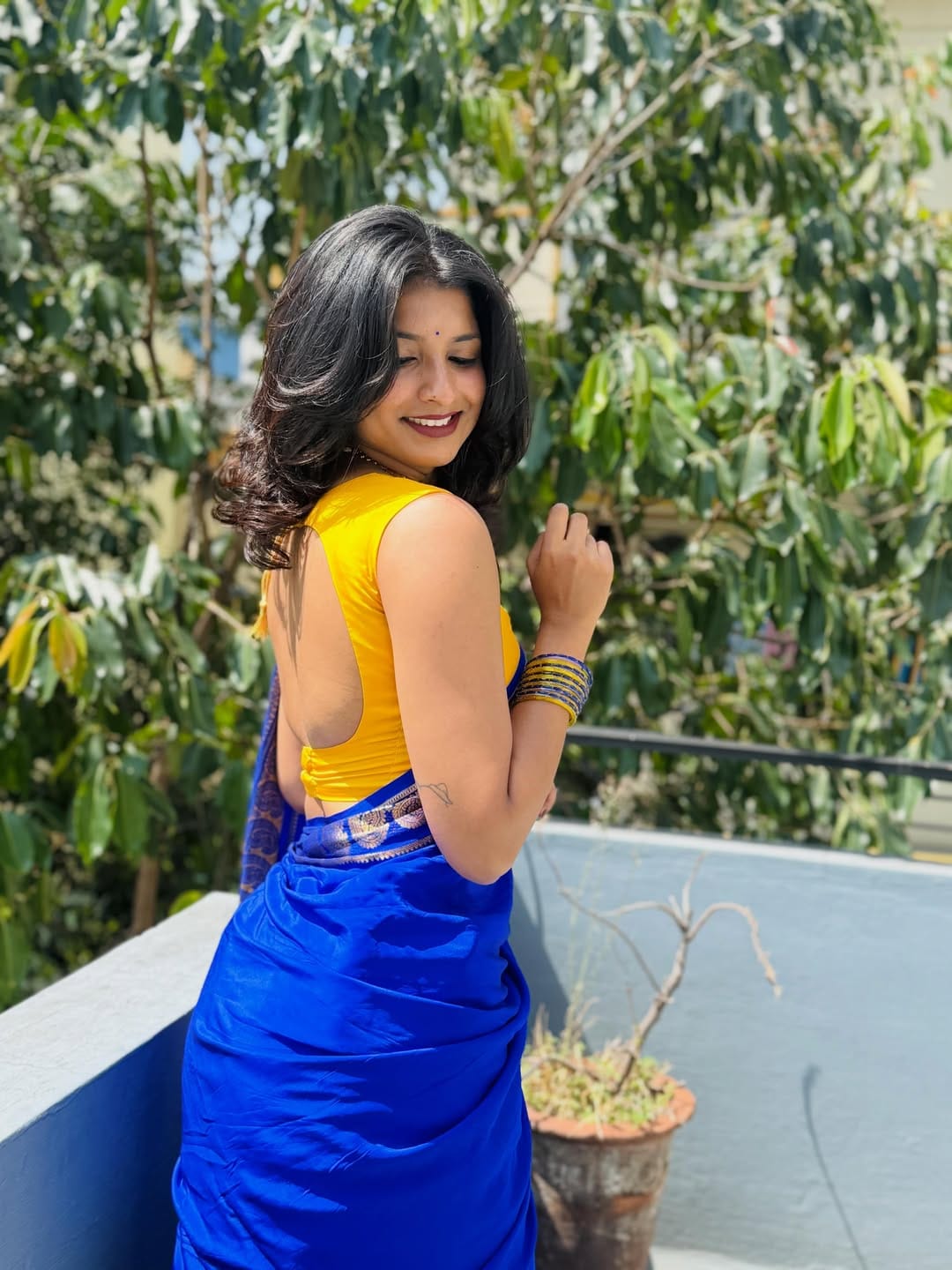 Royal Blue Mysore Silk saree with Gold Zari Border & Contrast Yellow Blouse Piece |Shashikala