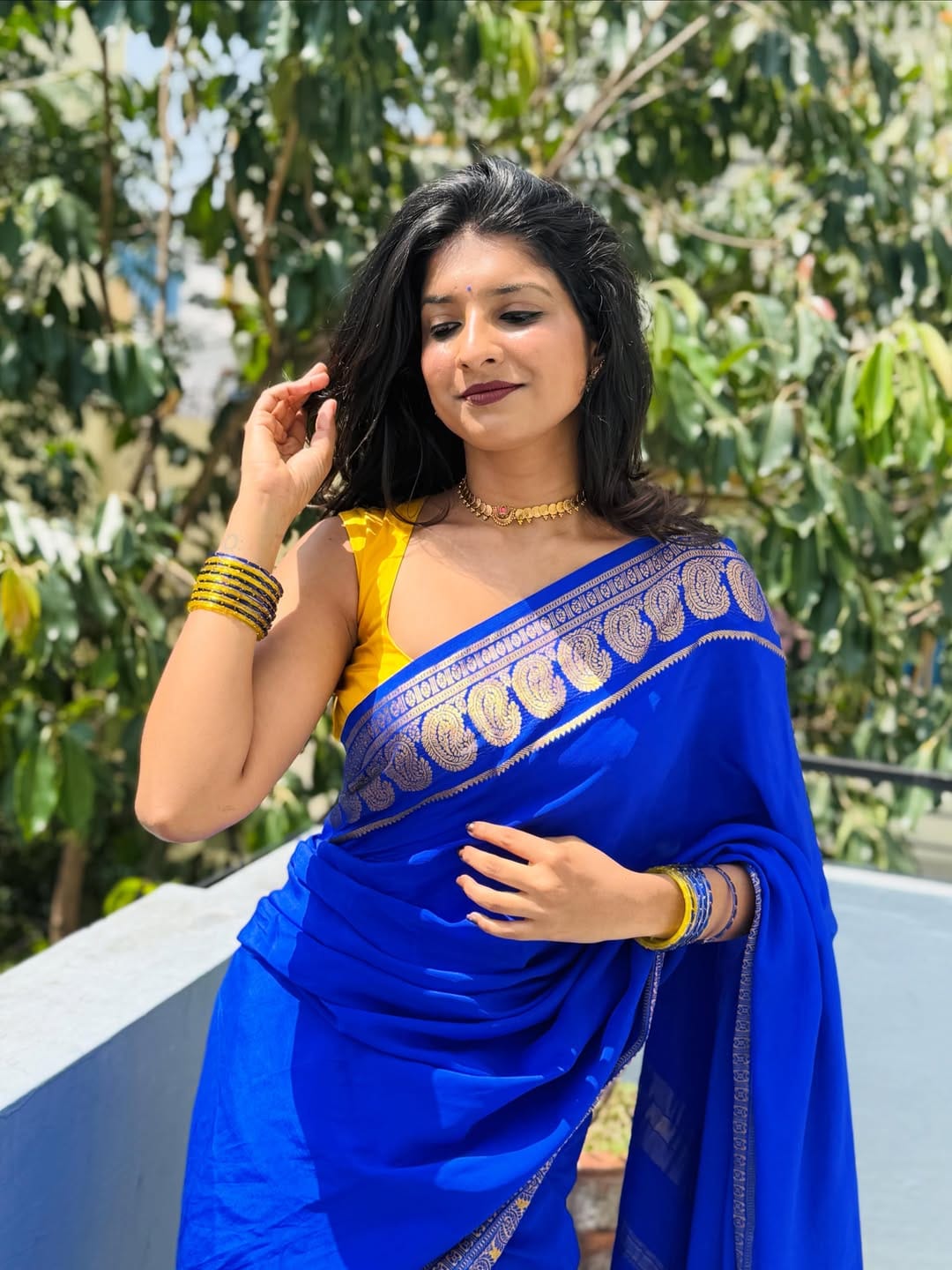 Royal Blue Mysore Silk saree with Gold Zari Border & Contrast Yellow Blouse Piece |Shashikala
