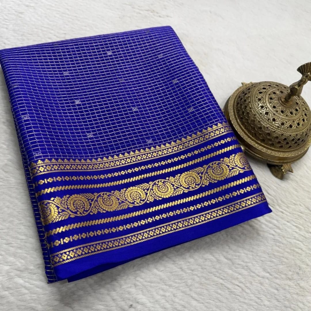 Buy Mysore Silk Saree in Royal Blue Micro Checks with Gold Zari Border and Star Buttas