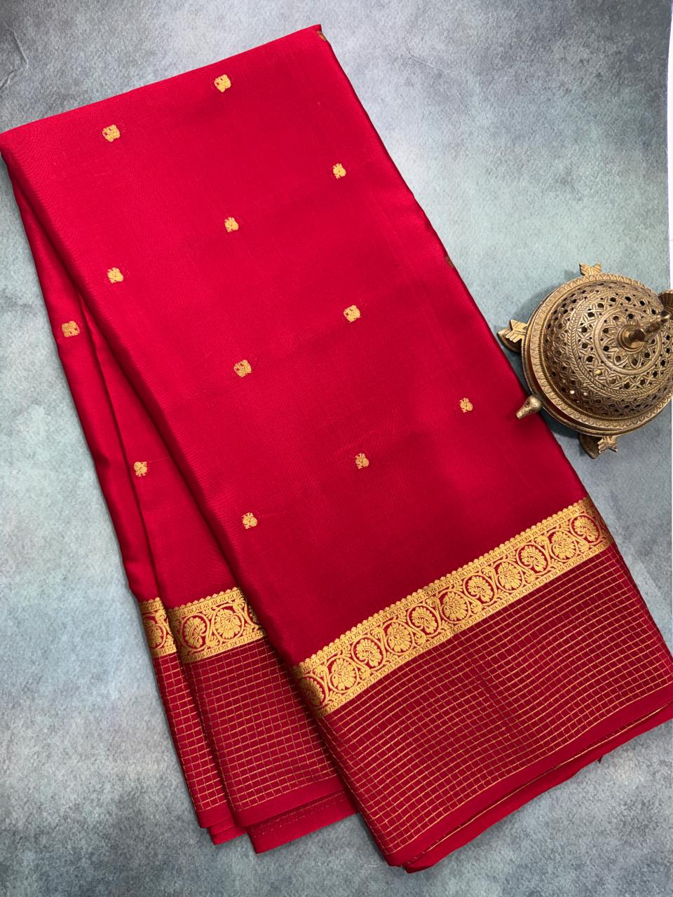 Red Handloom Mysore Pure Crepe Silk with butta zari Saree Teal Bentex Border