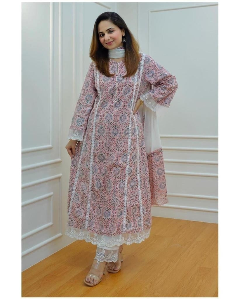 Pakistani A-line cotton suit kurta set with dupatta