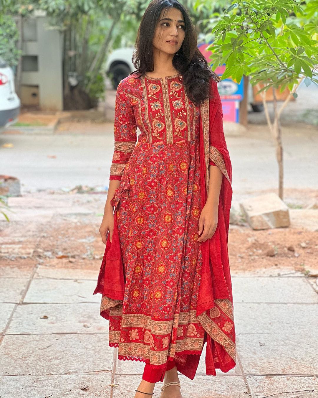 Maroon Pure cotton Three Piece Maroon Anarkali Suit Set