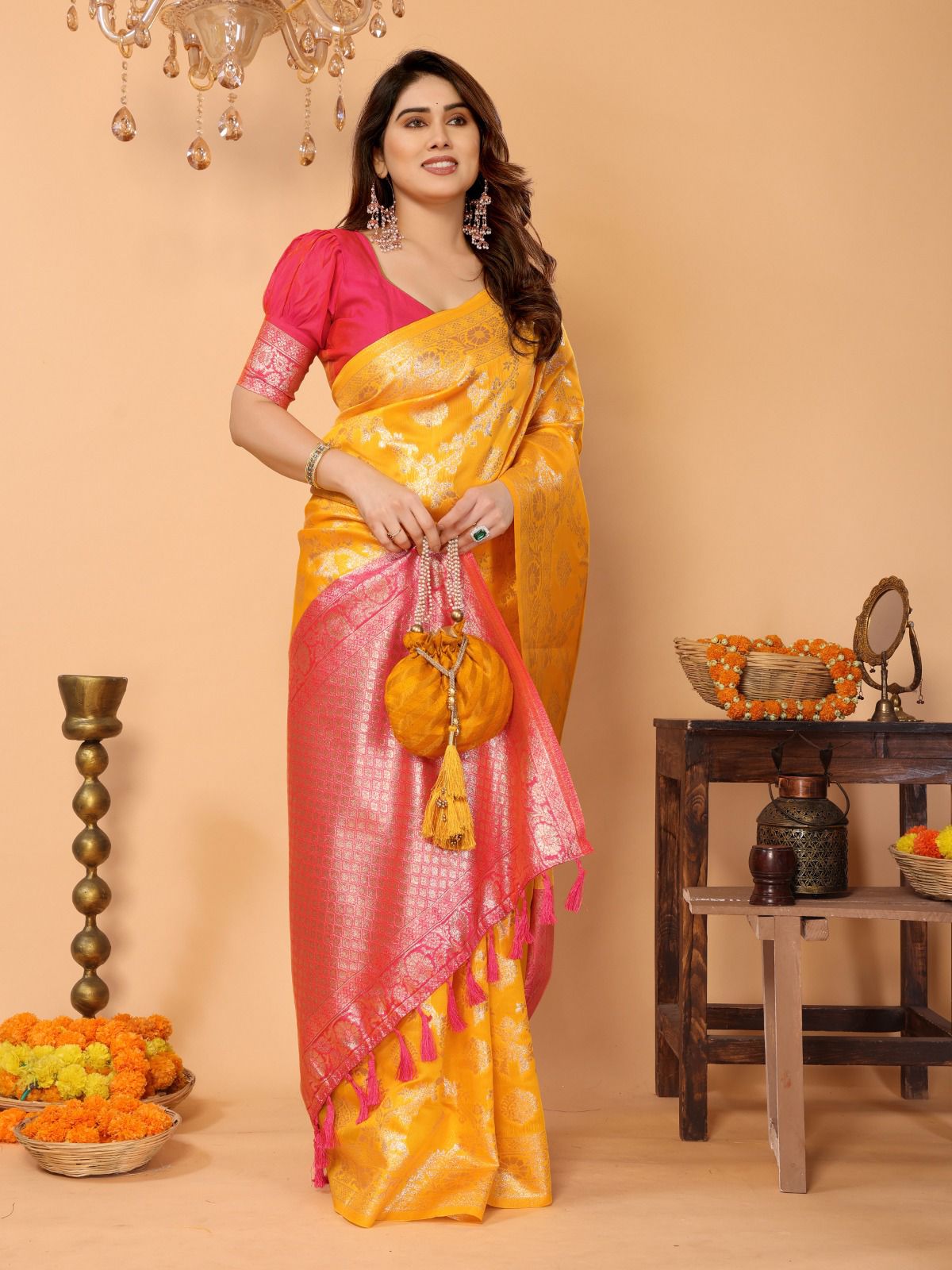 Yellow Zari Woven Kanjivaram Soft Lichi Silk Saree