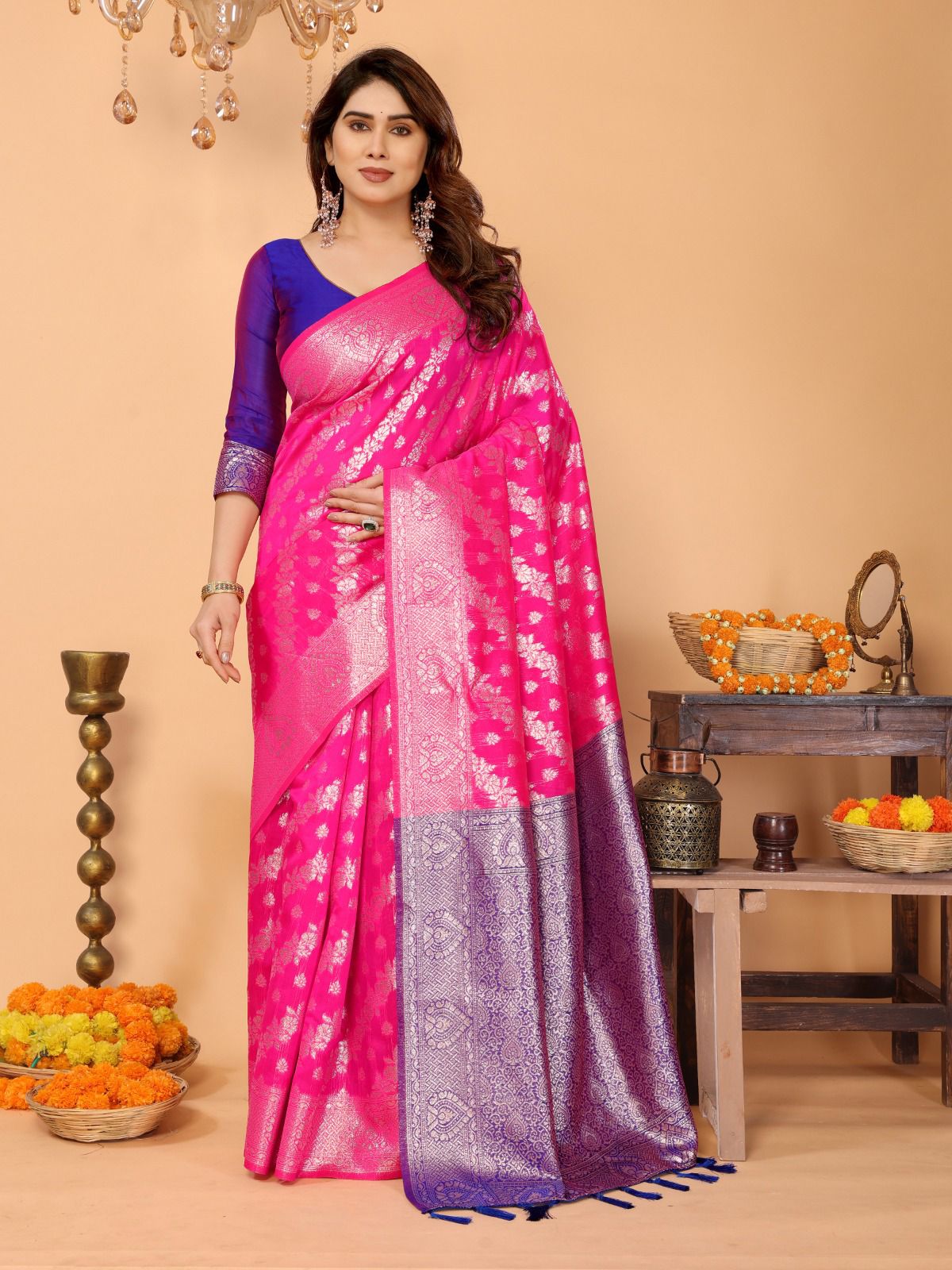 Pink Soft Lichi Silk Saree with Jacquard Work