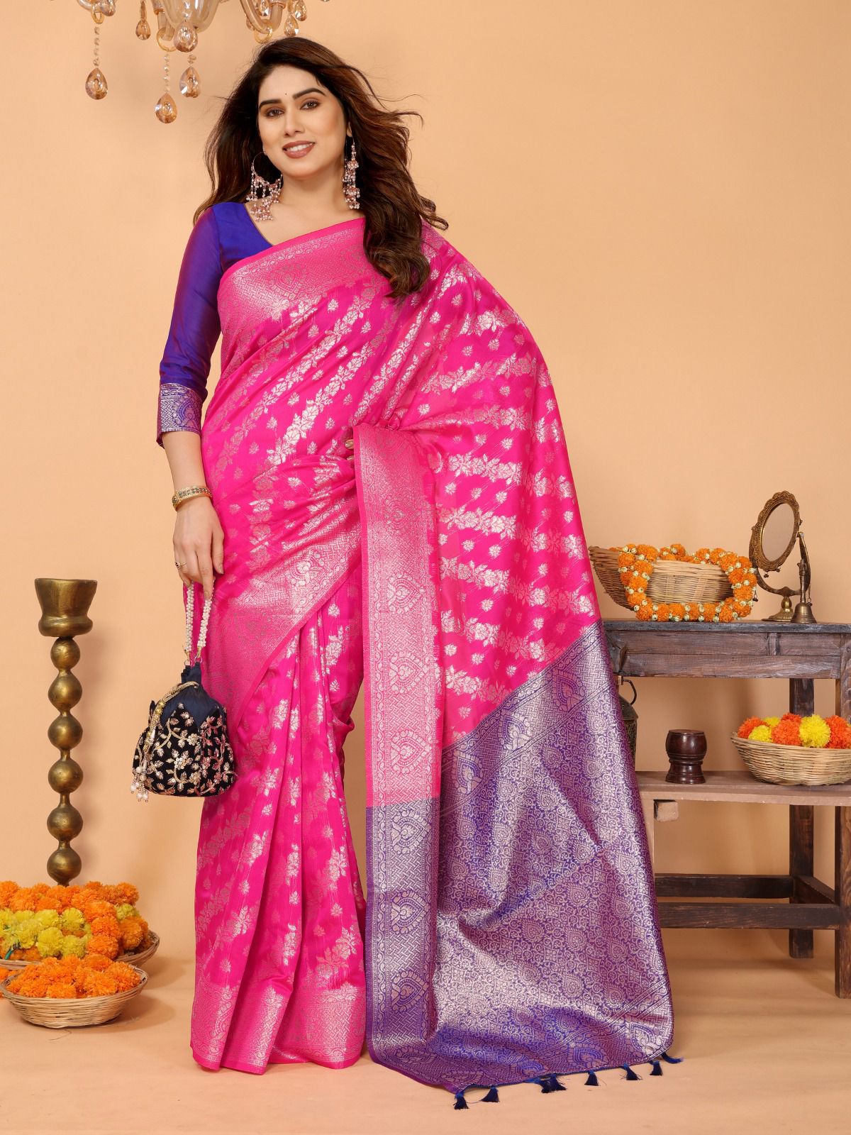 Baby Pink Embroidered Pattern Plain Cotton Linen Silk Saree