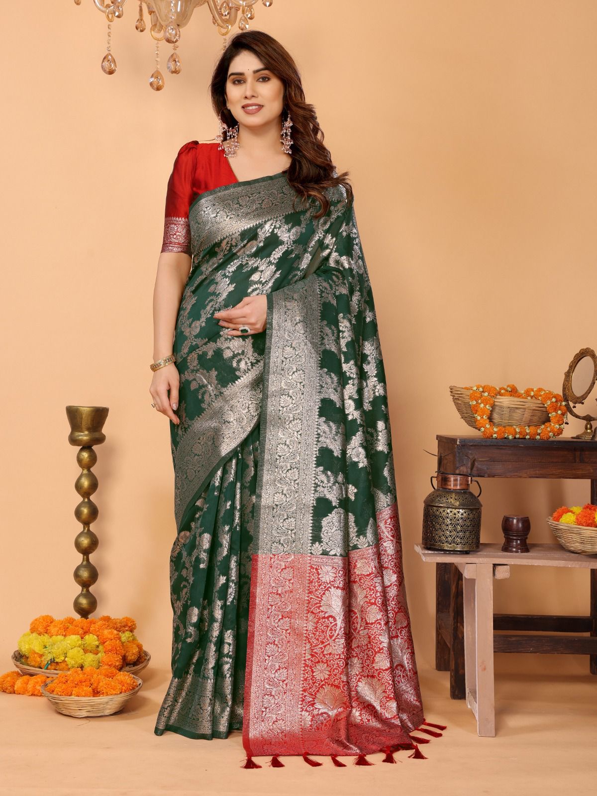 Green Color Heavy Zari Weaving Banarasi Soft Silk Saree for Wedding
