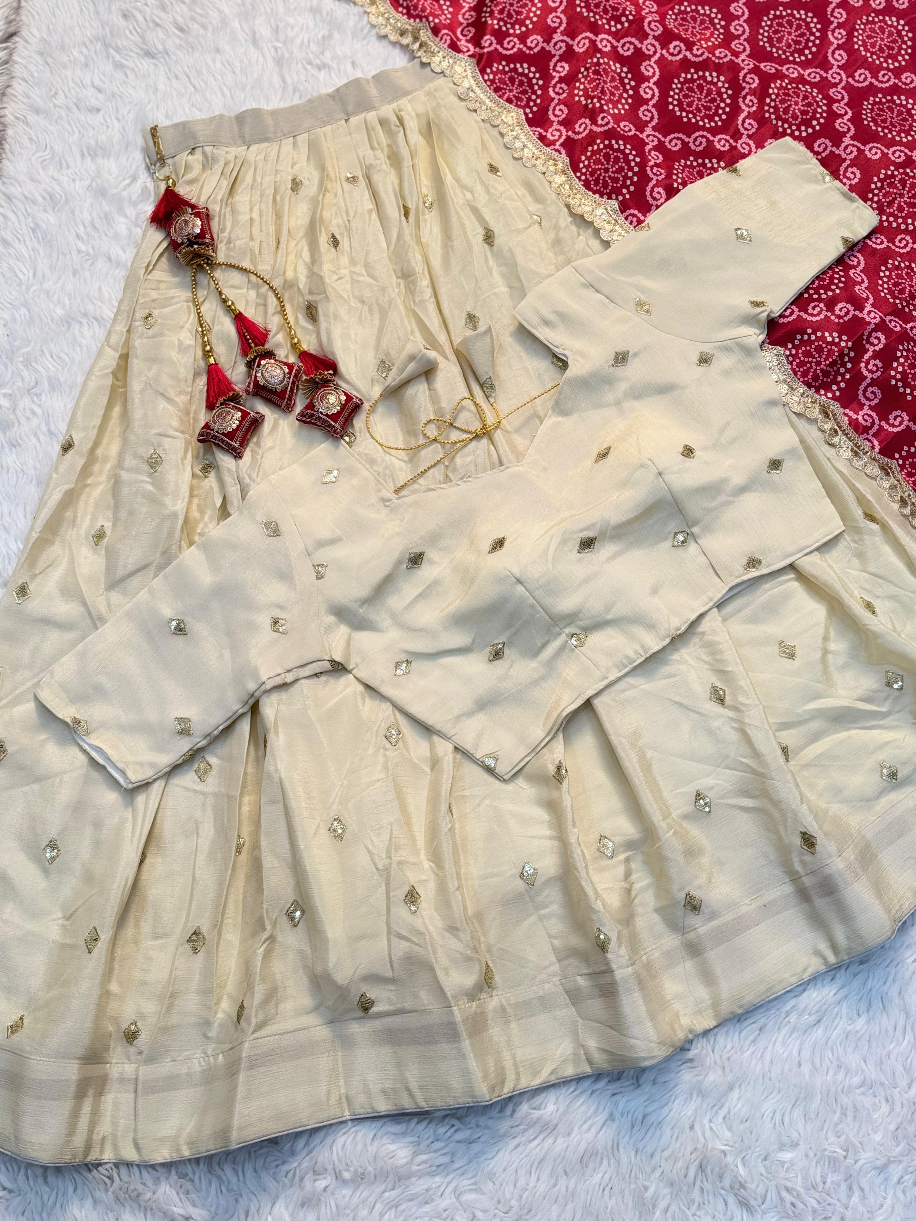 Chinnon Silk Stitched Butti Work Embroidered Party Wear Silk Lehenga choli