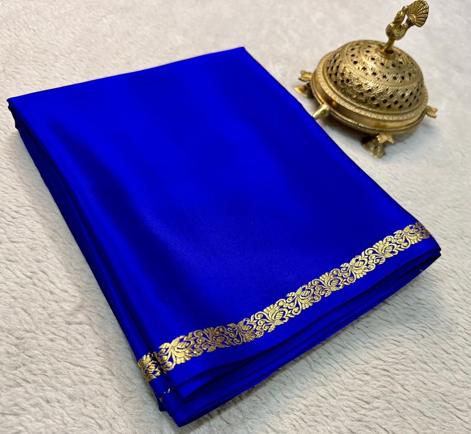 Blue Mysore Silk Saree with Elephants Golden Zari Border
