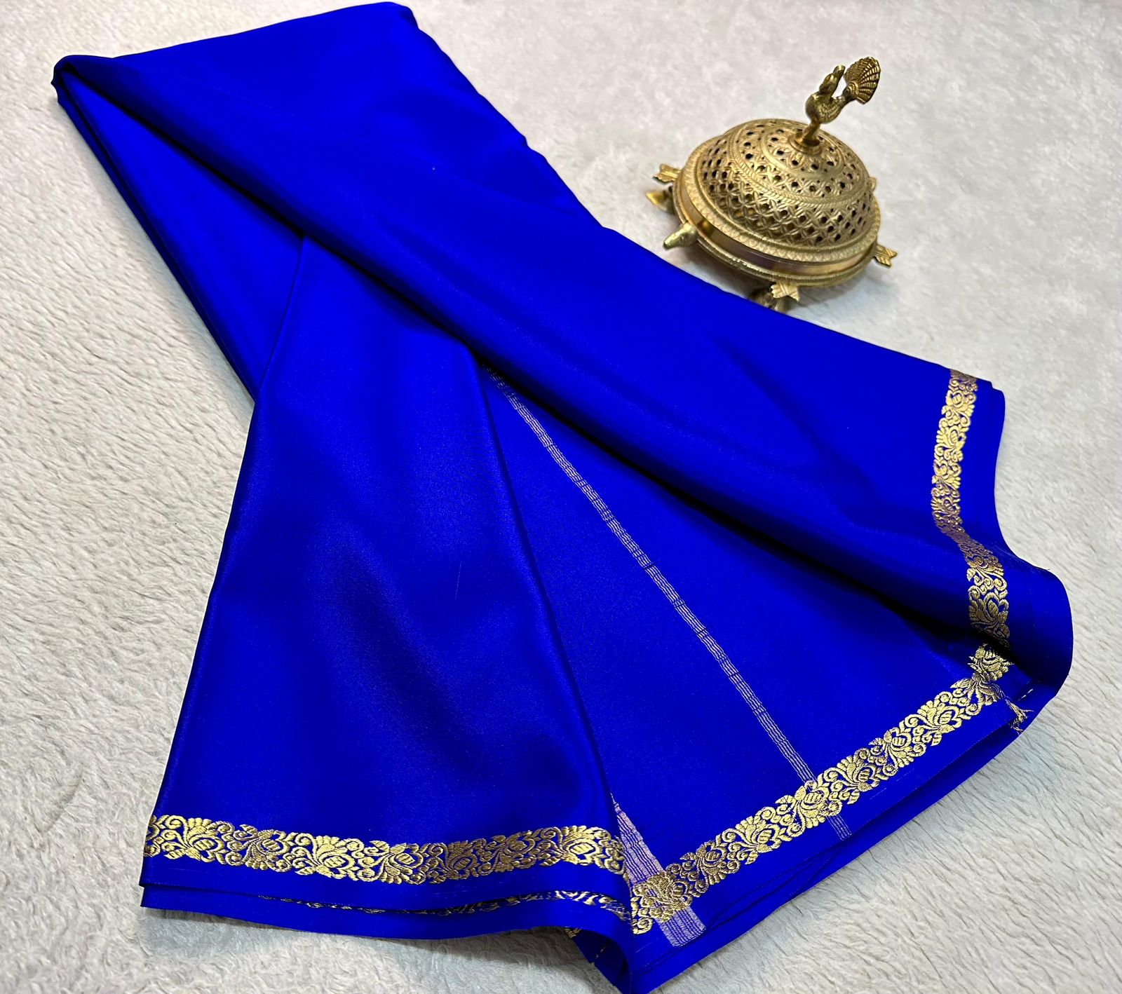 Blue Mysore Silk Saree with Elephants Golden Zari Border