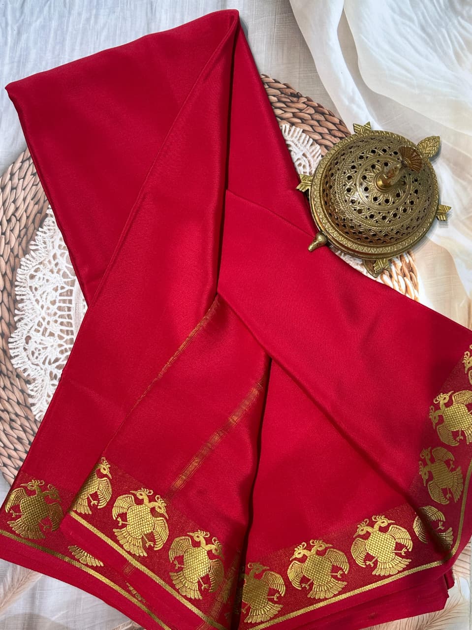 Pure Mysore Silk Sarees having gandaberunda border in beautiful red colour