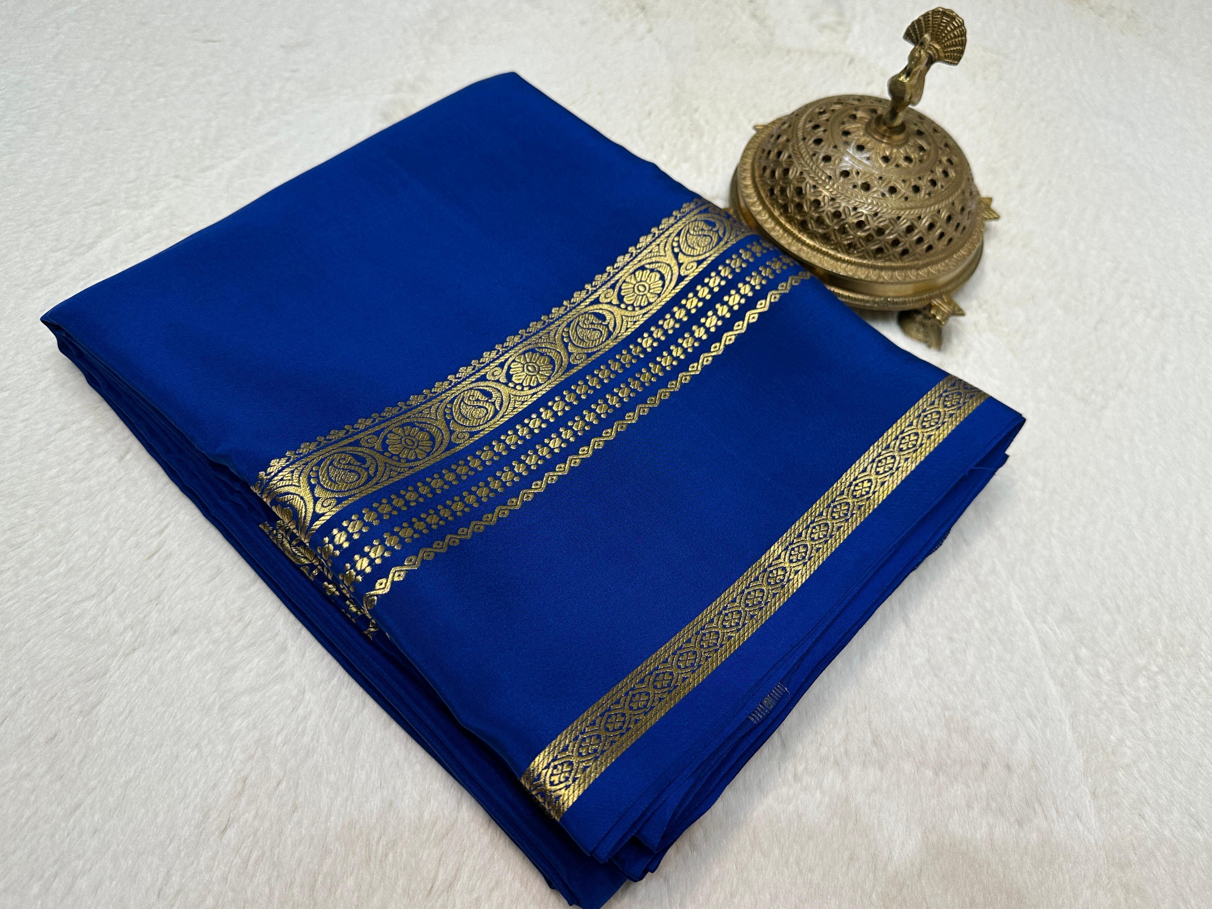 Blue Traditional Indian Saree in Mysore Silk with Gold Zari