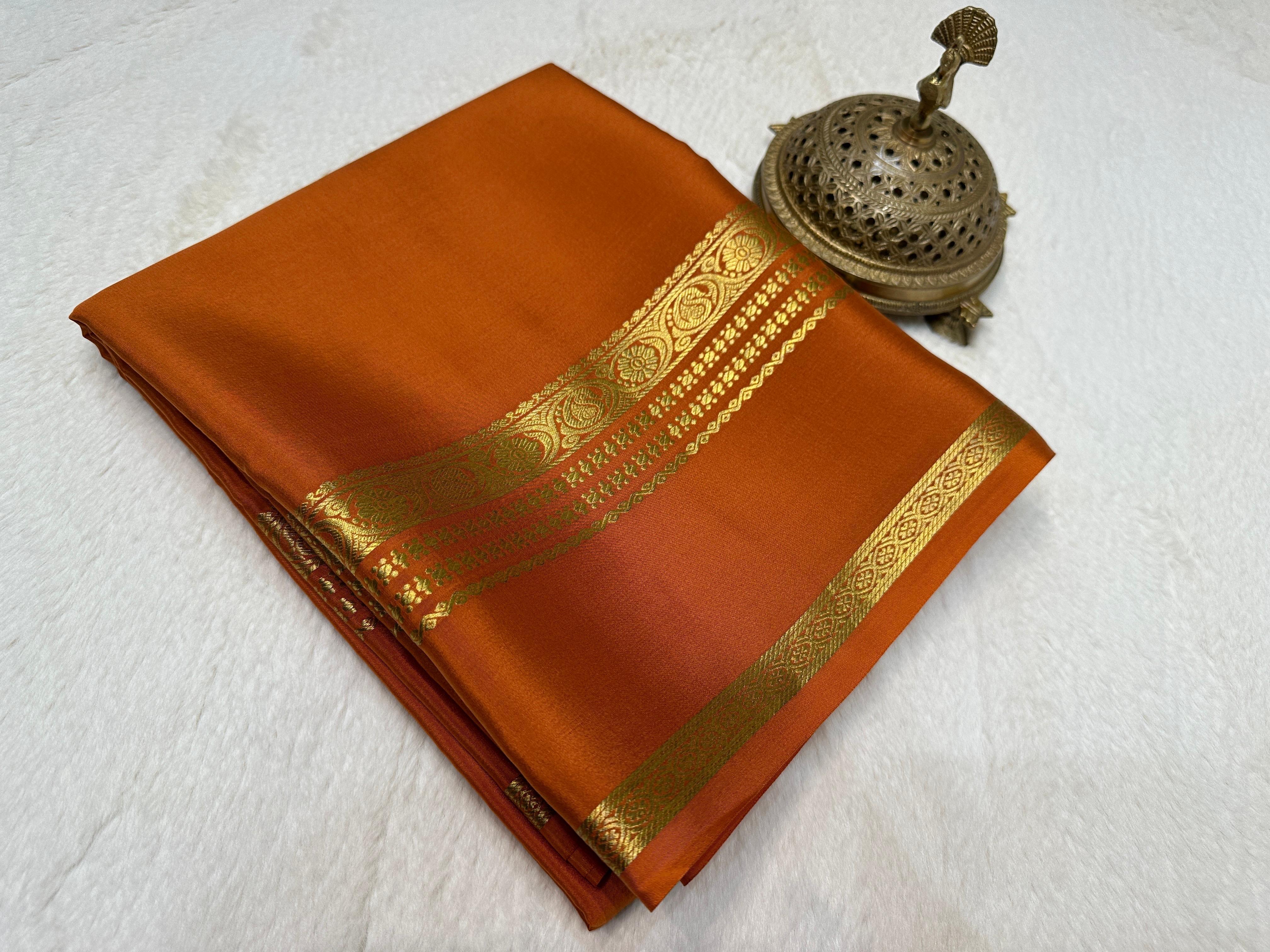 Elegant Party Wear Saree in Mysore Silk with Golden Zari Border