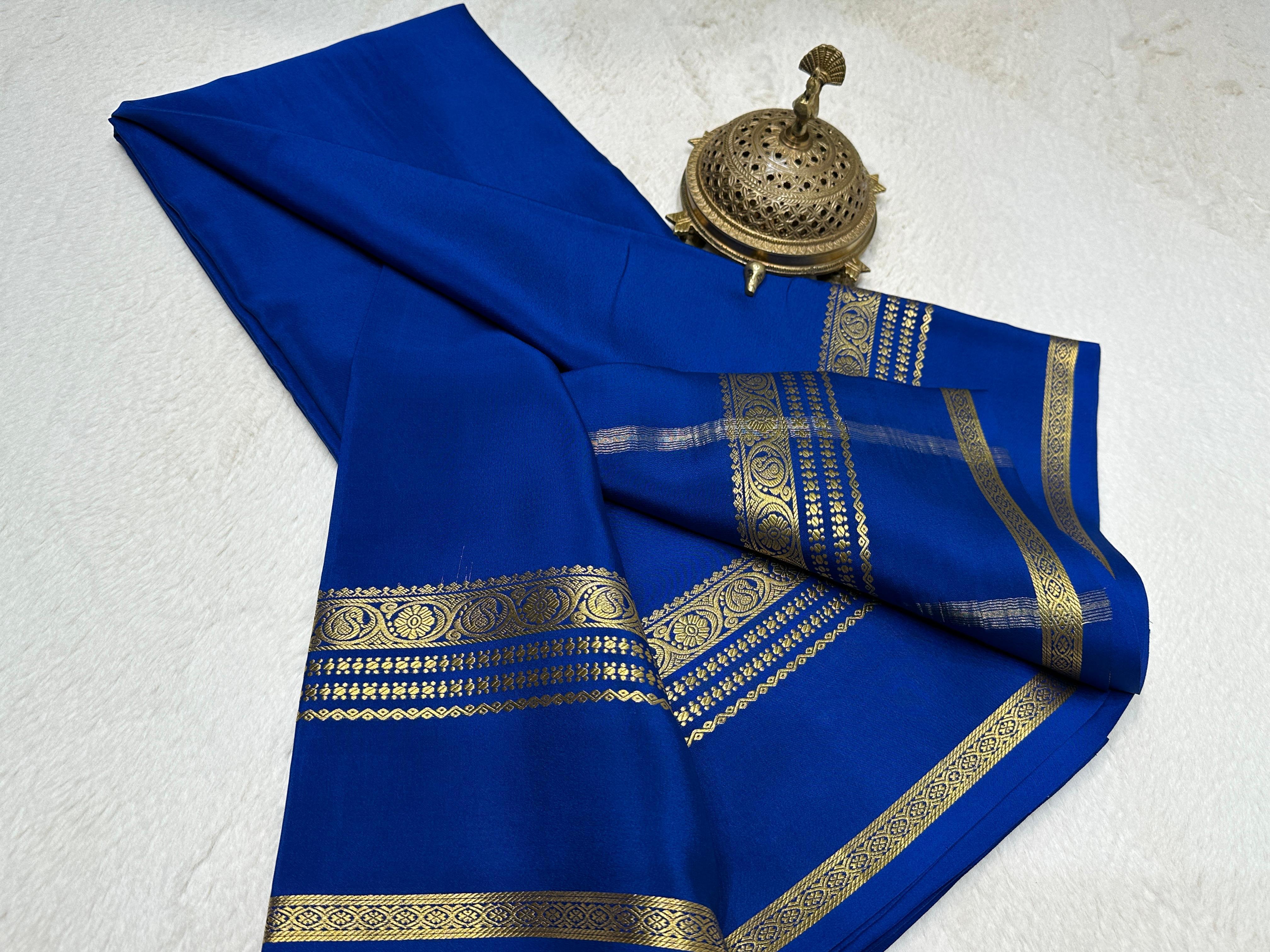 Blue Traditional Indian Saree in Mysore Silk with Gold Zari