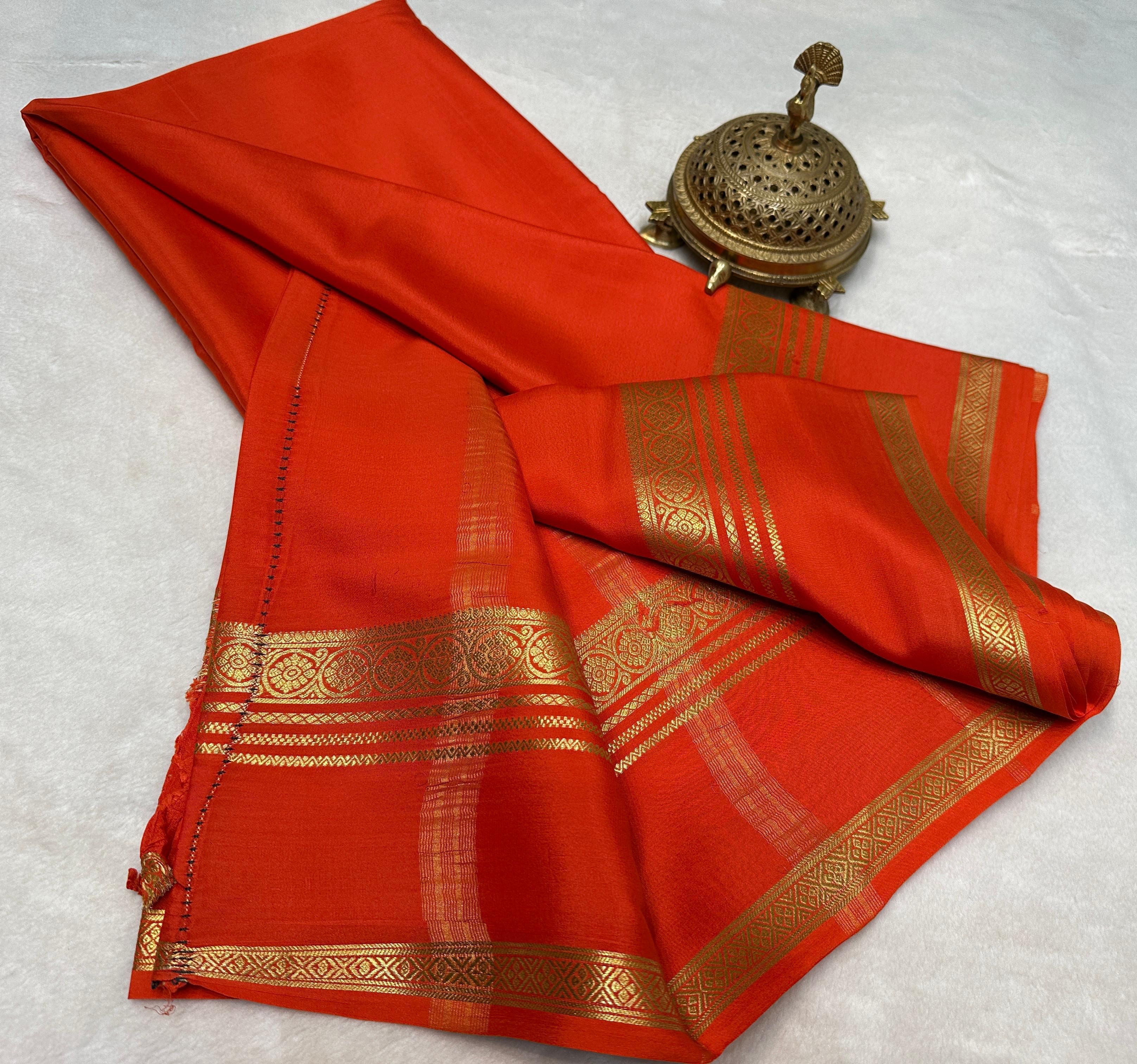 Orange Luxury Mysore Silk Saree with Handcrafted Zari Design