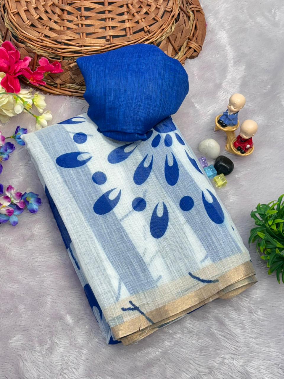 Women's Chanderi Cotton Printed Saree With Unstitched Blouse Piece