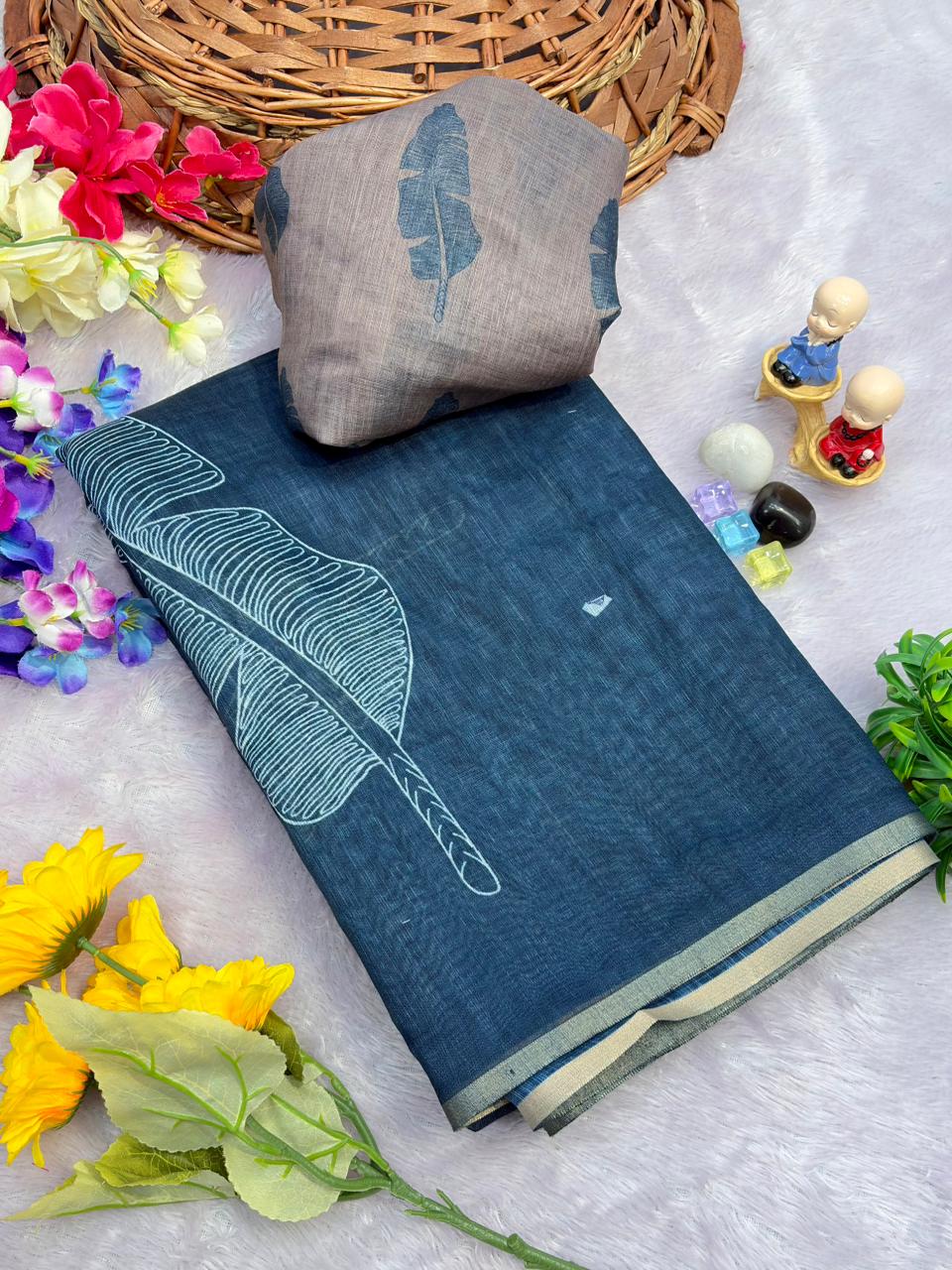 Grey Gold Pure Handloom Linen Saree