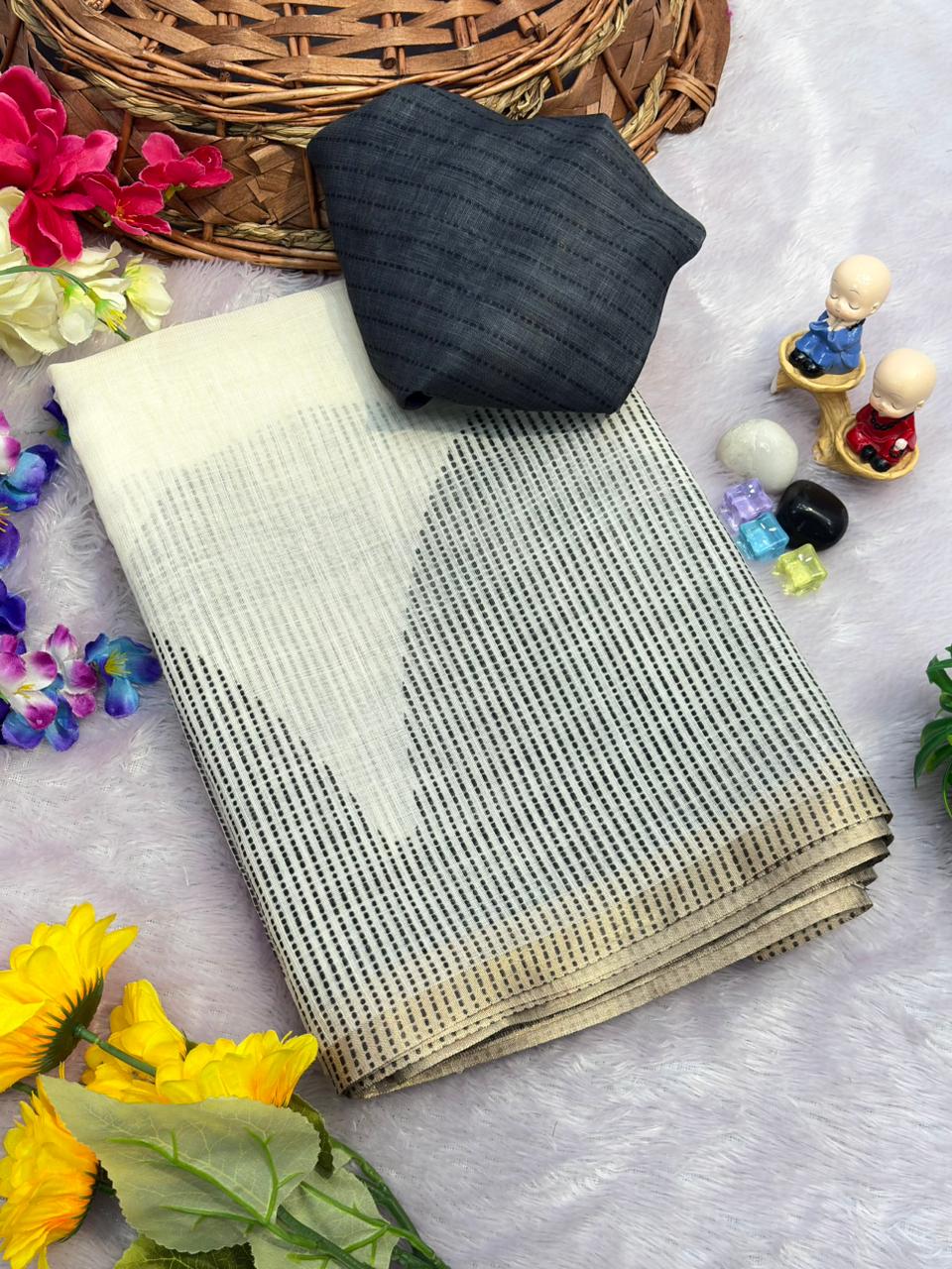 Pure Linen White Saree with Blouse