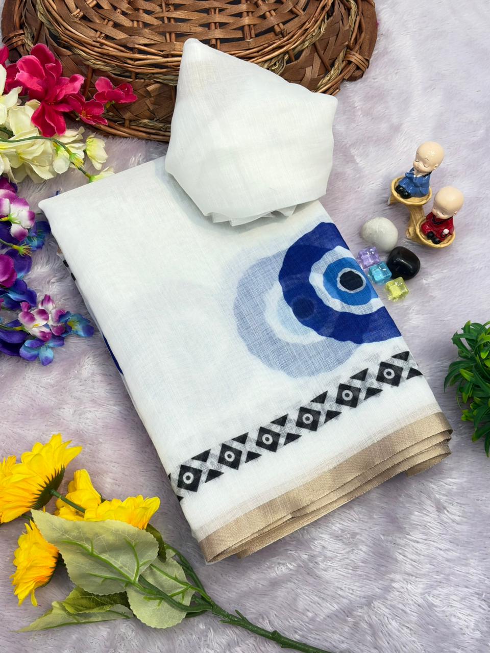 White Beautiful Linen Cotton Silk Jacquard Border Saree