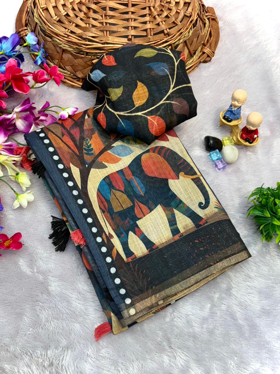 Black Zari Woven  Chanderi Cotton Linen Saree