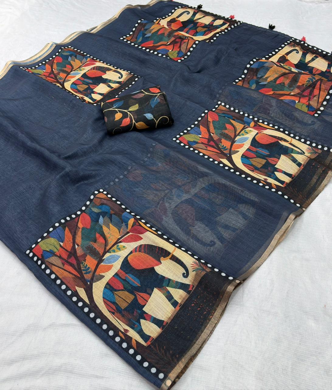 Black Zari Woven  Chanderi Cotton Linen Saree