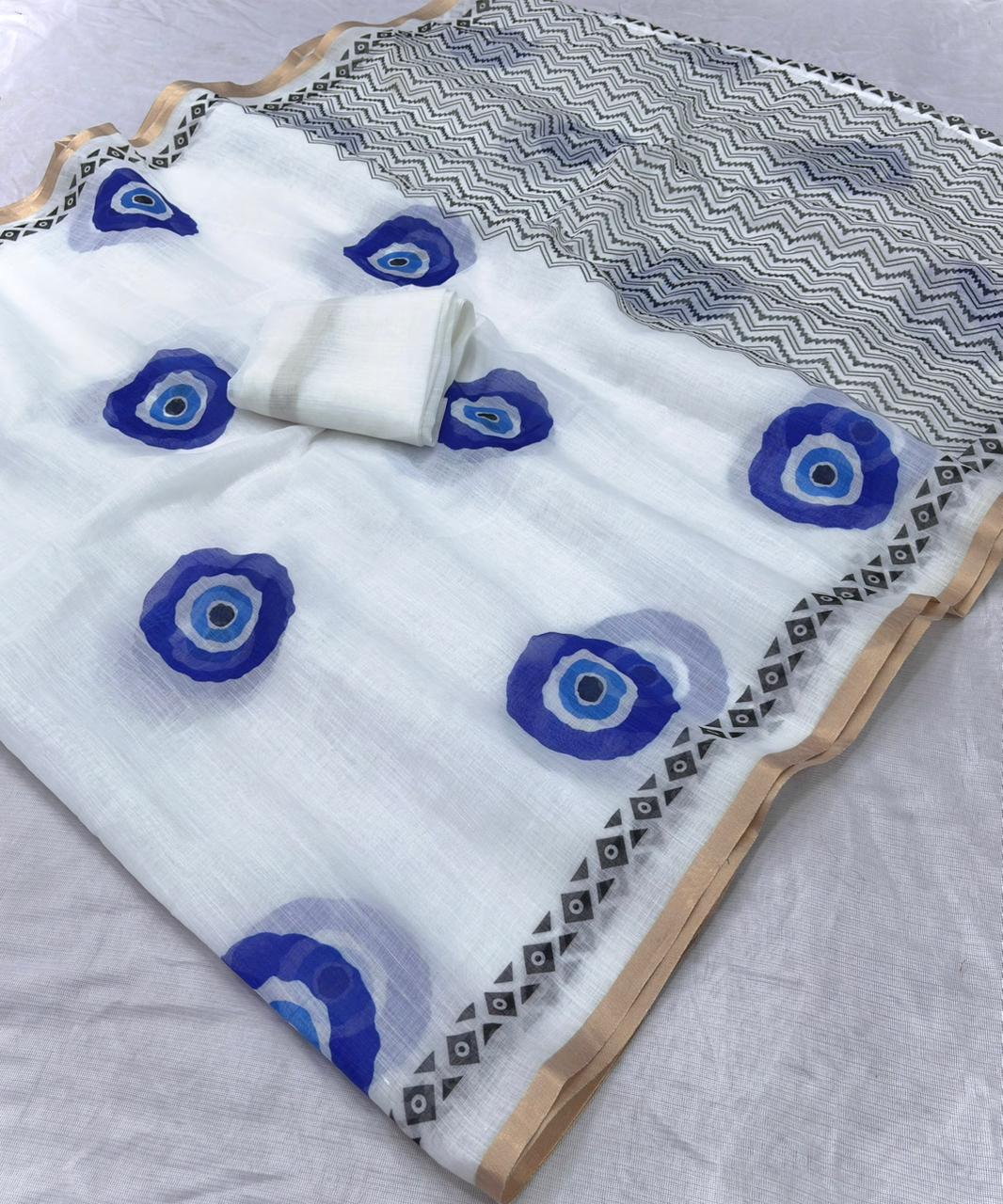 White Beautiful Linen Cotton Silk Jacquard Border Saree