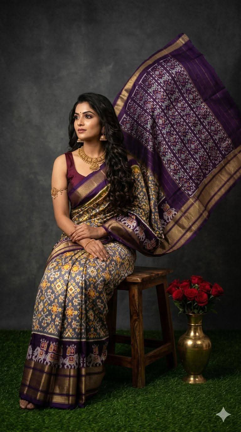 Beige Pochampally Pattu Sarees  Digital Printed Blouse .