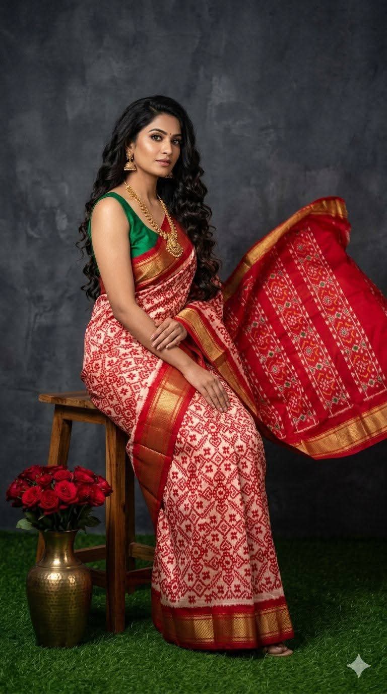 Blue and Red Pochampally Ikkat Silk Saree Gold Zari Borders.