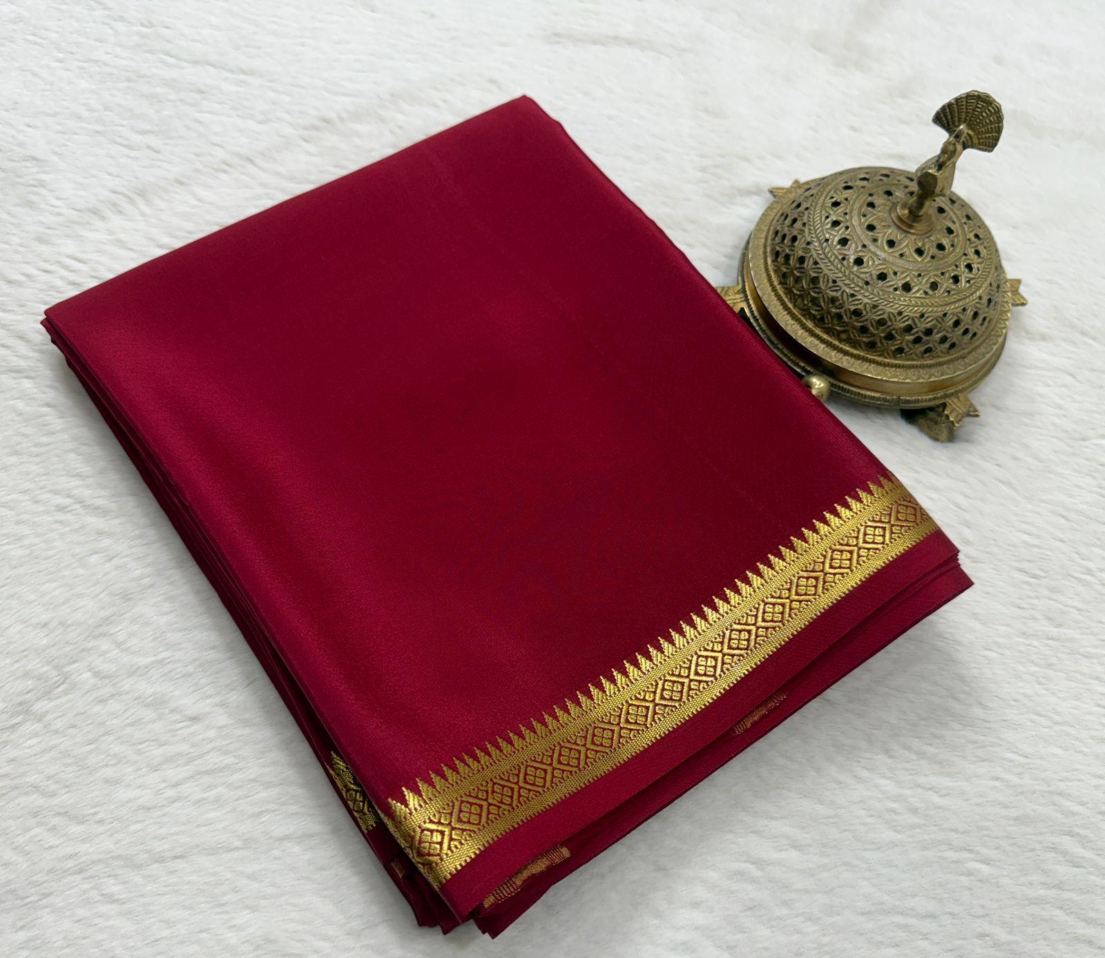 Elegant Mysore Silk Saree in Red with Gold Zari Border