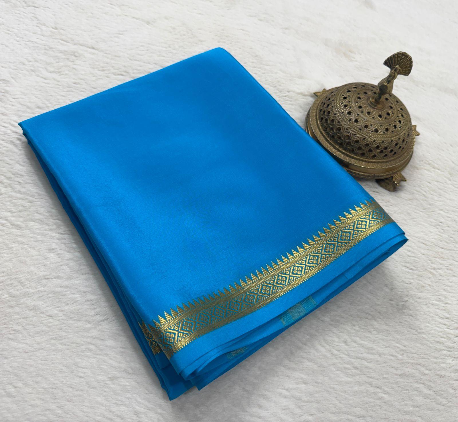 Sky Blue Traditional Mysore Silk Saree with Golden Zari Border