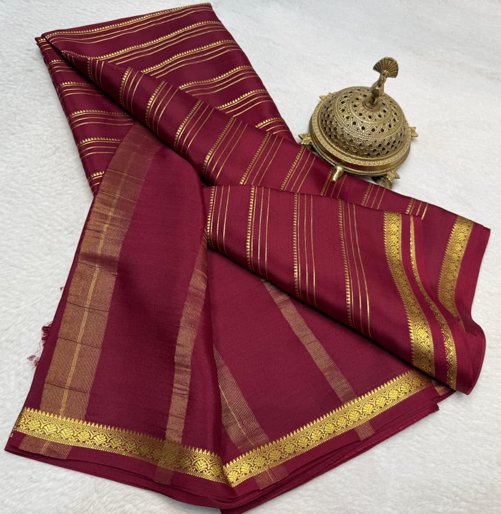 Maroon Mysore silk saree contrast blouse for weddings