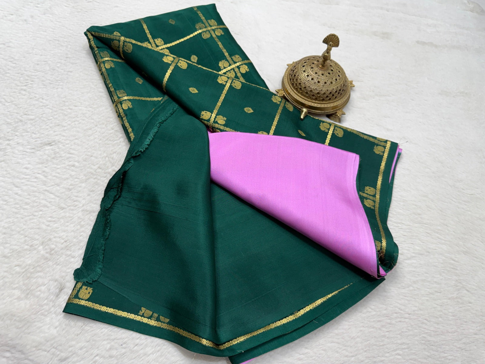 Elegant Ethnic  Green Pink Combo Silk Saree with Rich Golden Border