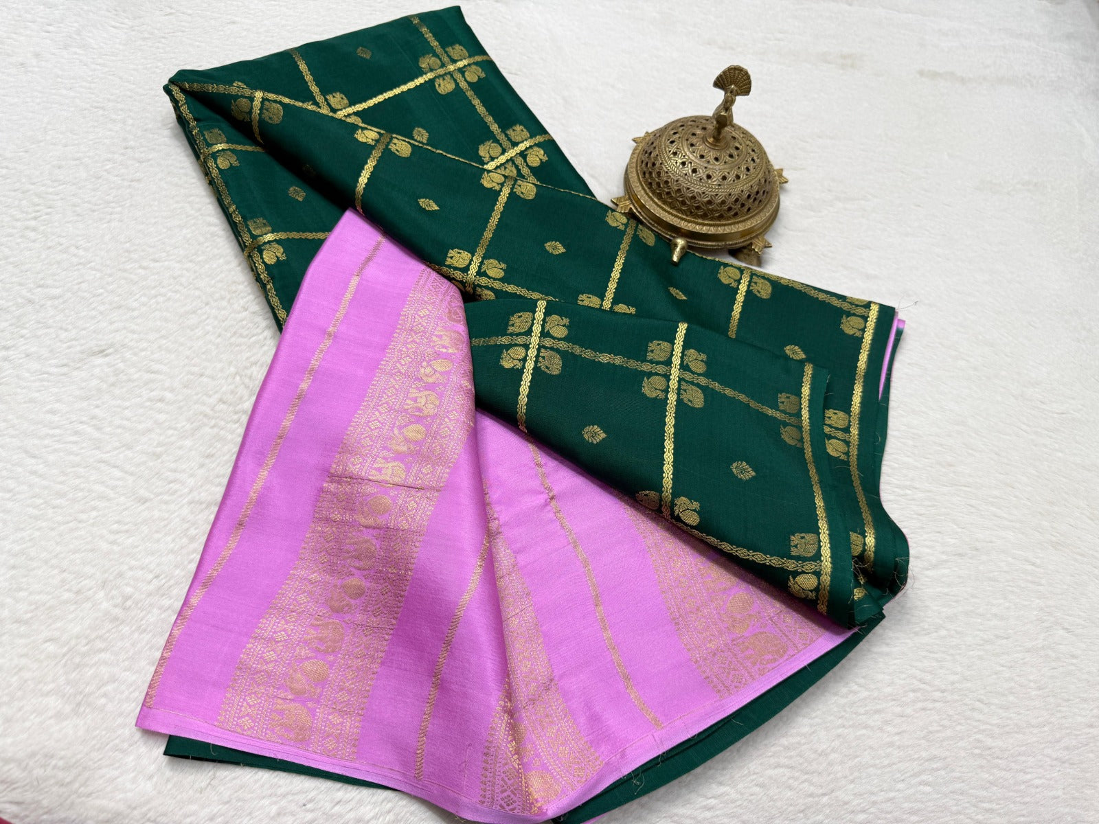 Elegant Ethnic  Green Pink Combo Silk Saree with Rich Golden Border