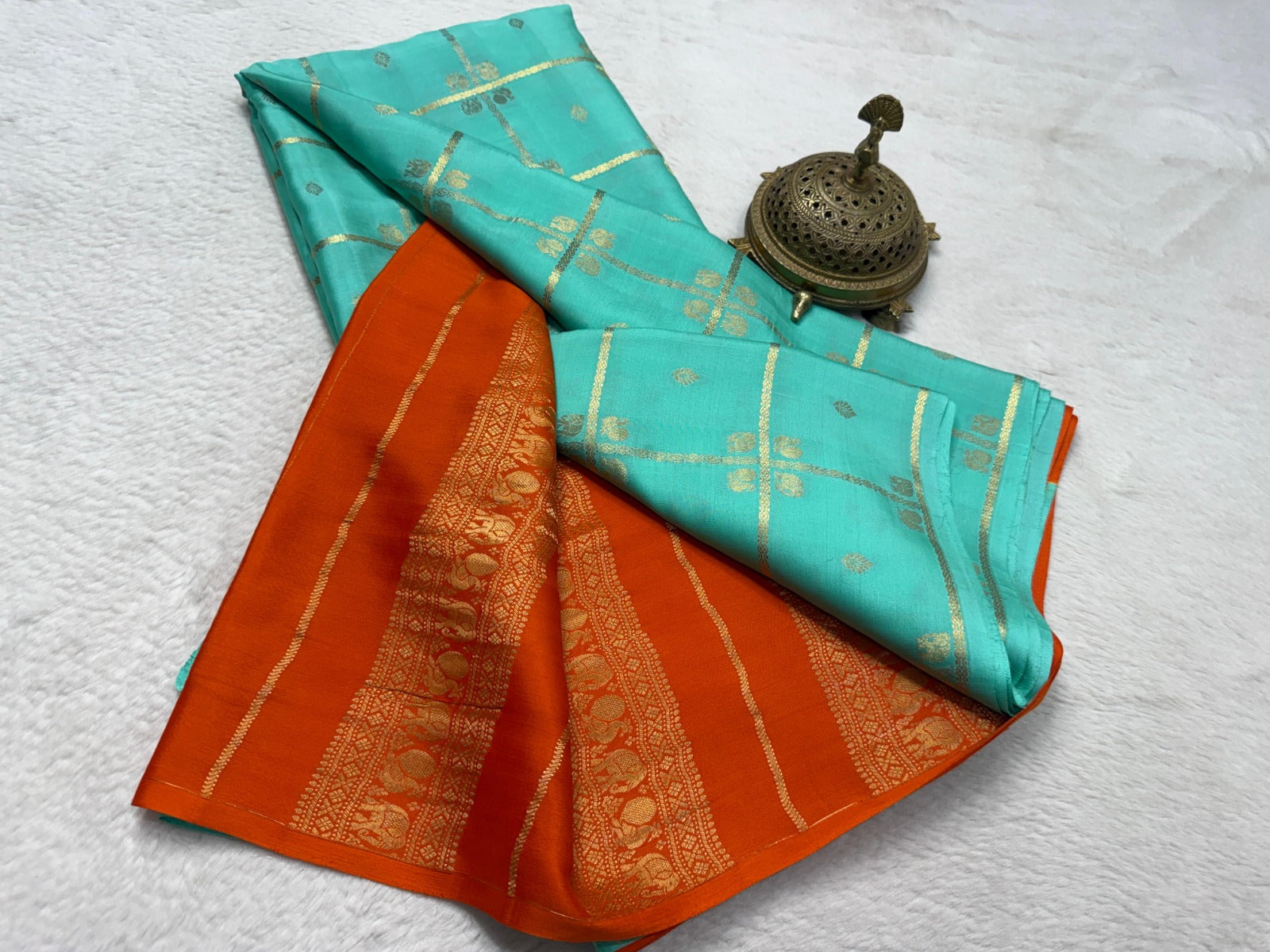 Aqua Green Silk Saree with Golden Floral Check Design