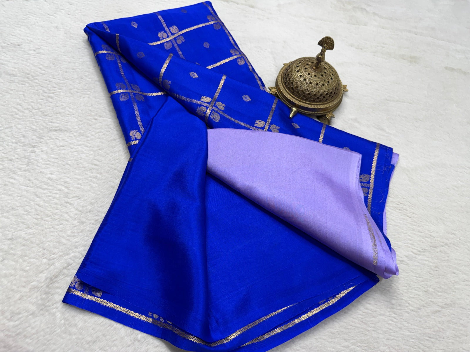 Elegant Blue Saree with Gold Zari Butta & Check Design