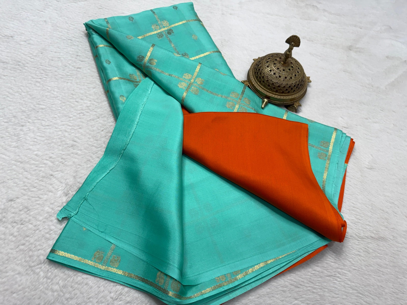 Sky Blue Premium Silk Blend Saree with Golden Zari Checks
